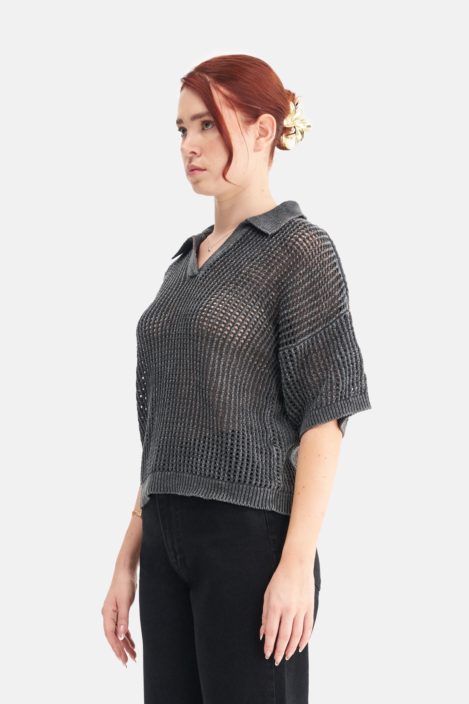 Mesfeno Women's Effect Washed Short-Sleeve Collared Knit Sweater