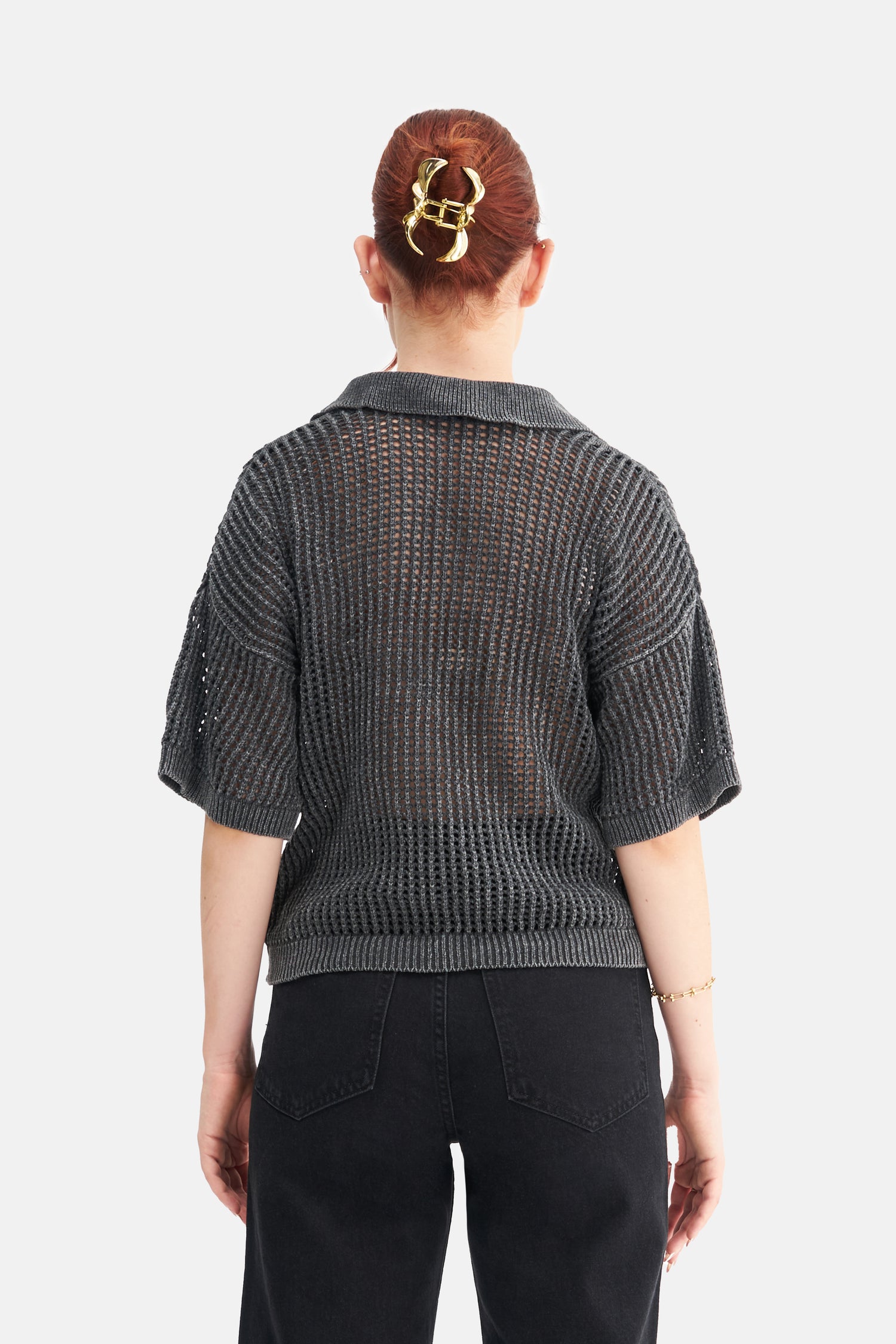 Mesfeno Women's Effect Washed Short-Sleeve Collared Knit Sweater