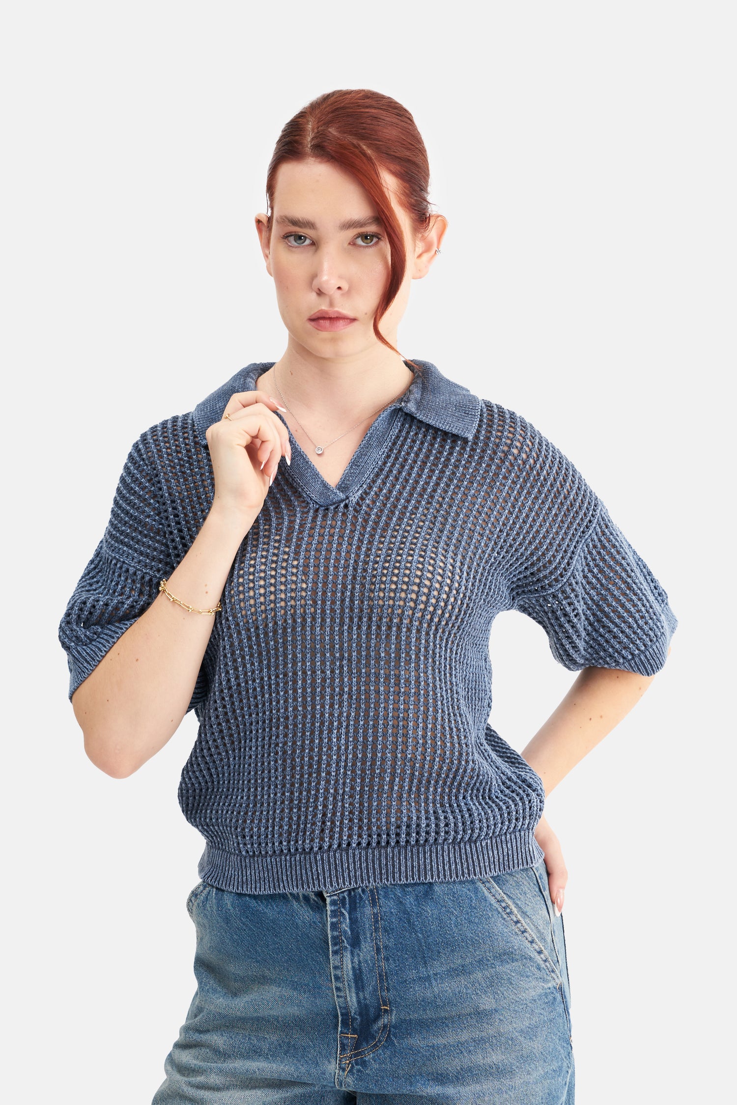 Mesfeno Women's Effect Washed Short-Sleeve Collared Knit Sweater