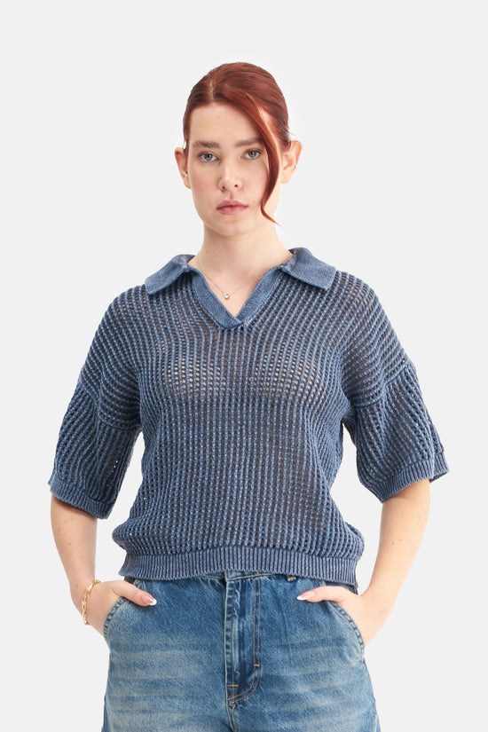 Mesfeno Women's Effect Washed Short-Sleeve Collared Knit Sweater