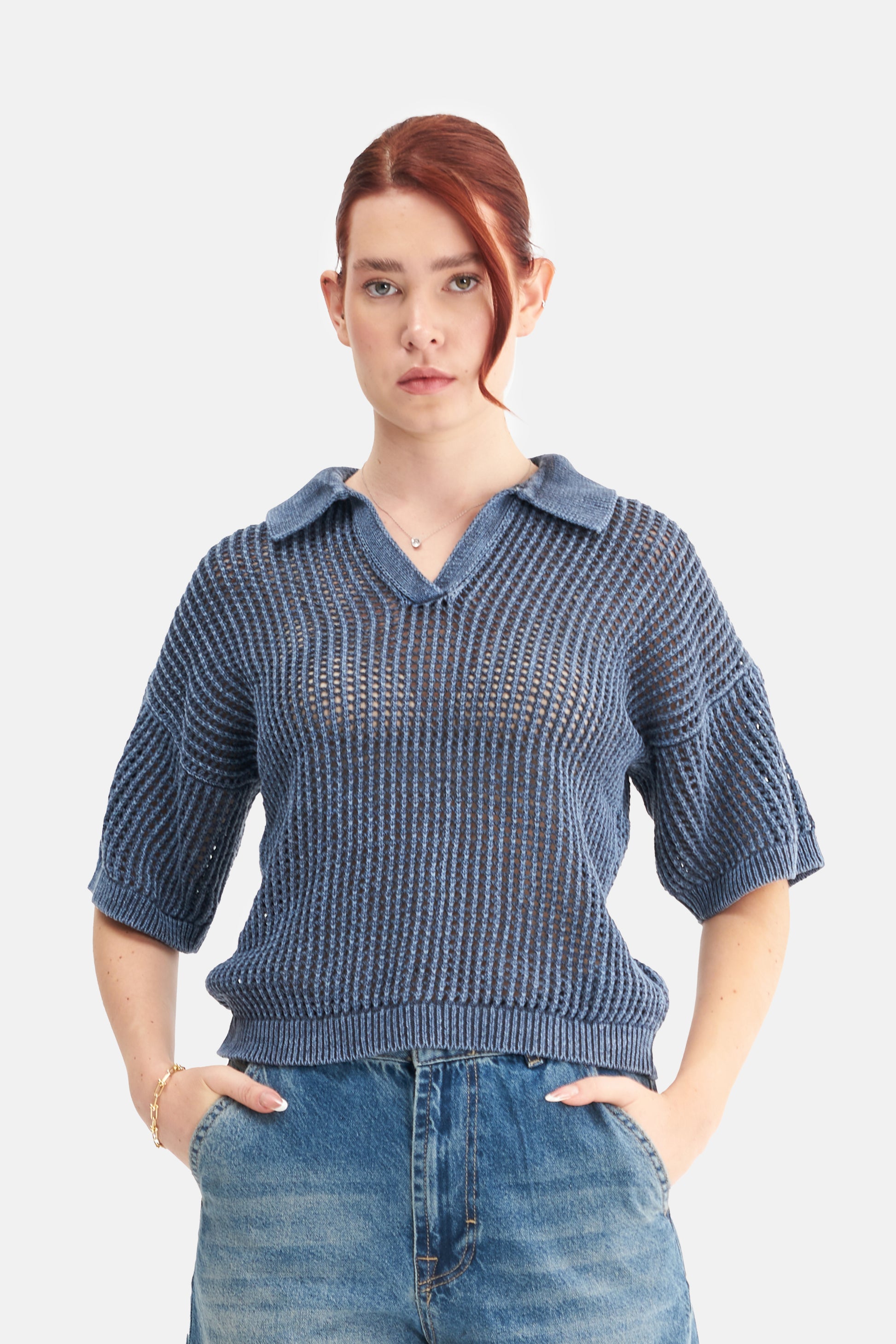 Mesfeno Women's Effect Washed Short-Sleeve Collared Knit Sweater