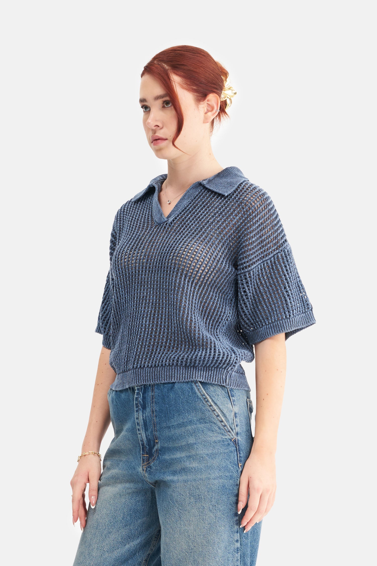 Mesfeno Women's Effect Washed Short-Sleeve Collared Knit Sweater