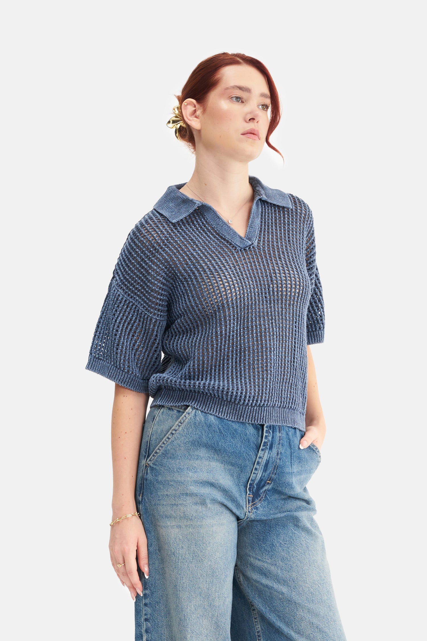 Mesfeno Women's Effect Washed Short-Sleeve Collared Knit Sweater