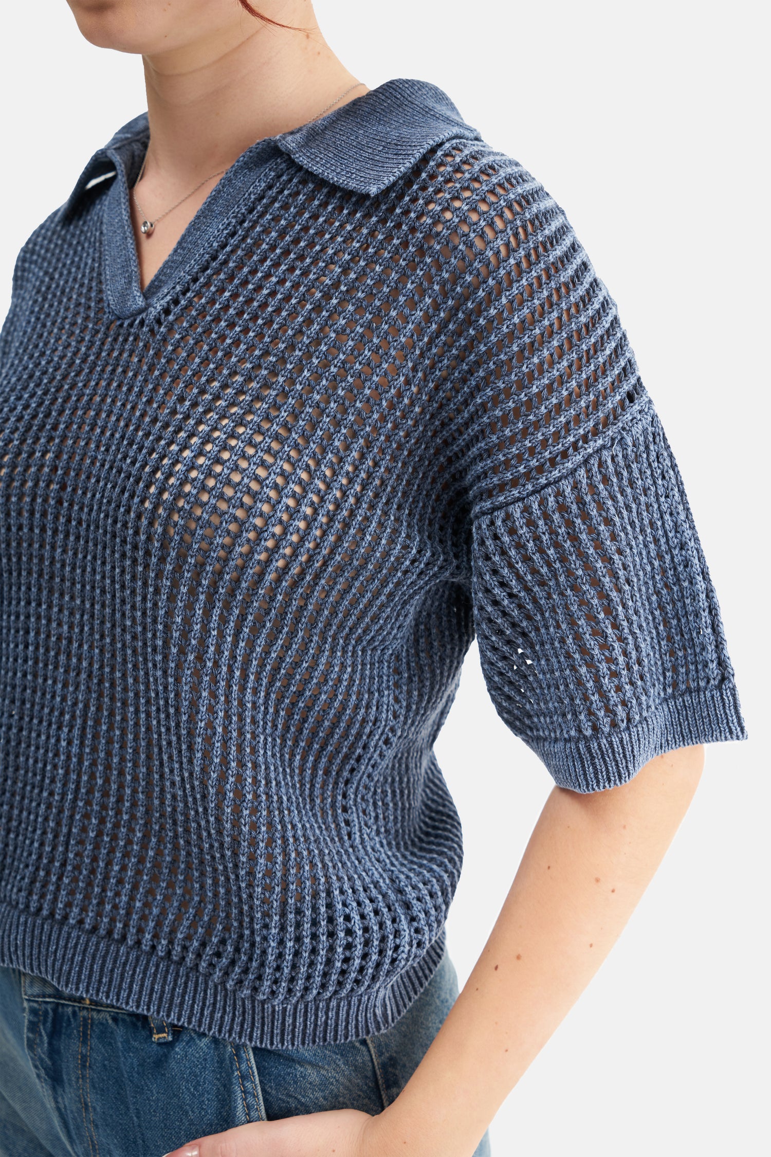 Mesfeno Women's Effect Washed Short-Sleeve Collared Knit Sweater