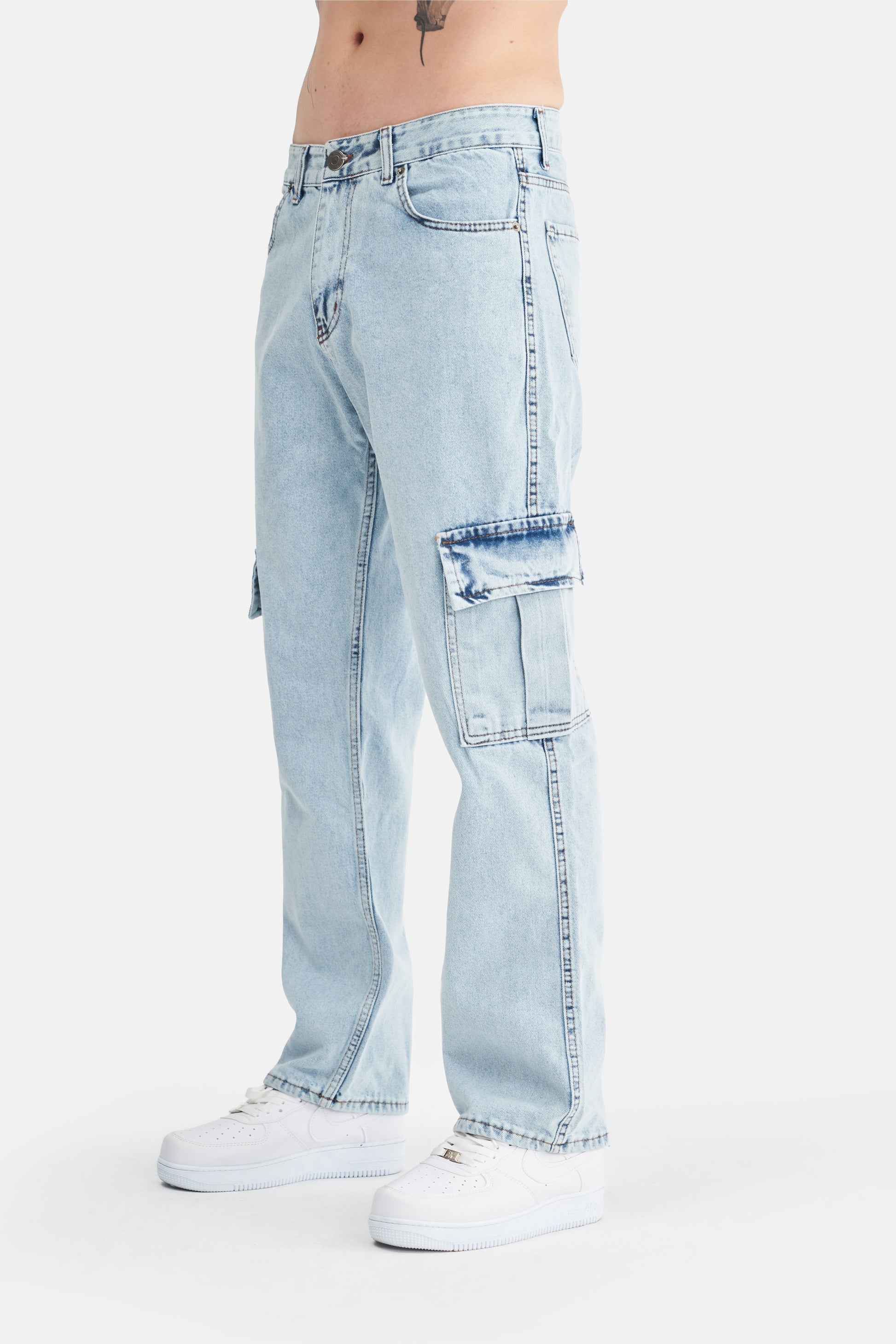Mesfeno Men's Cargo Pocket Baggy Loose Fit Denim Pants