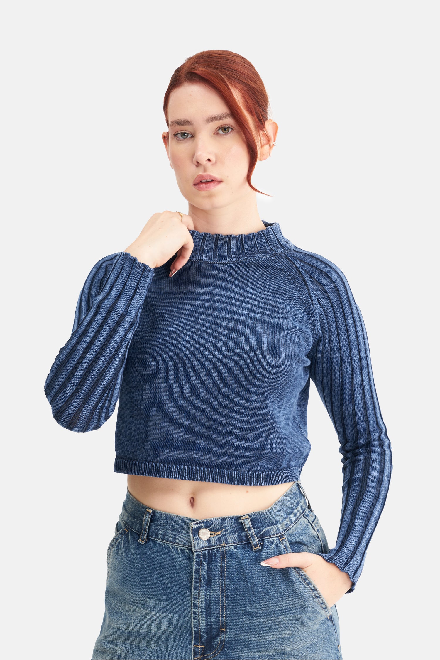 Mesfeno Women's Effect Washed Knit Crop Sweater