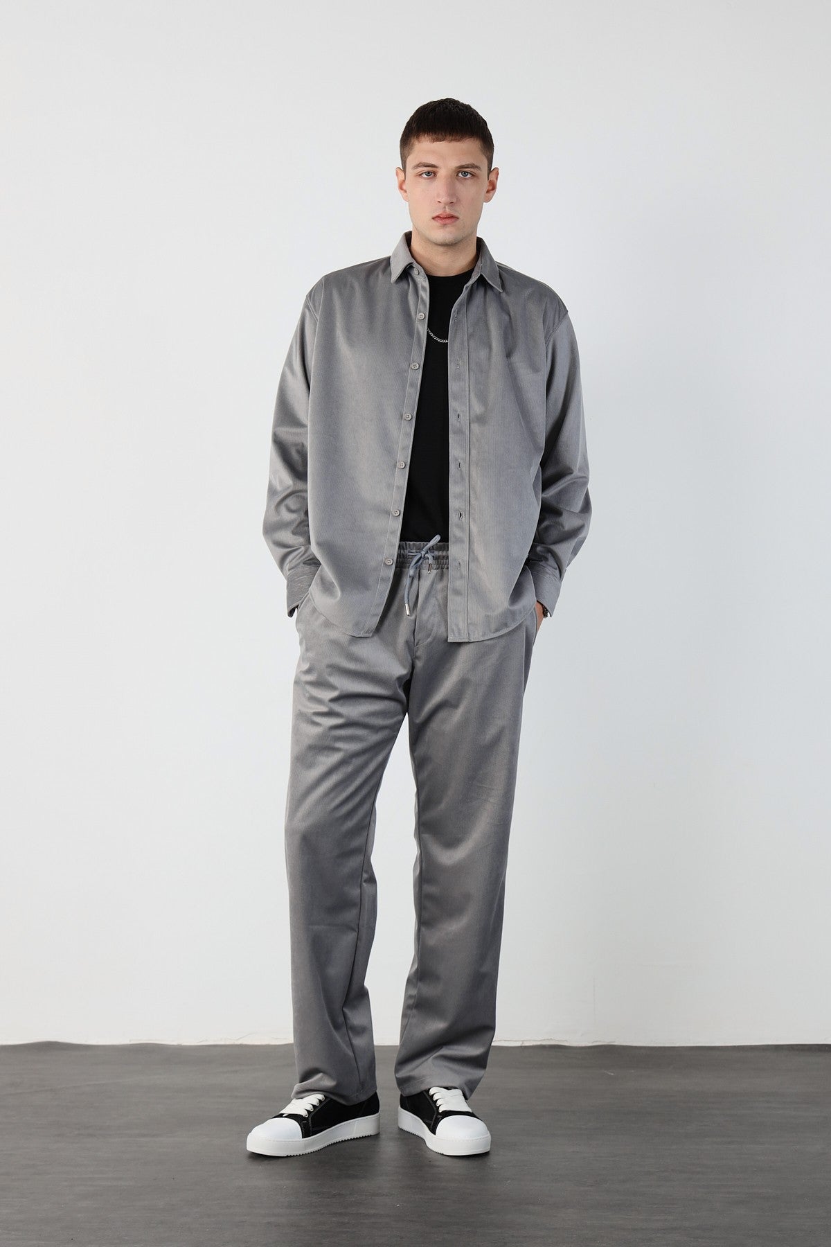 Thin Ribbed Oversize Velvet Shirt