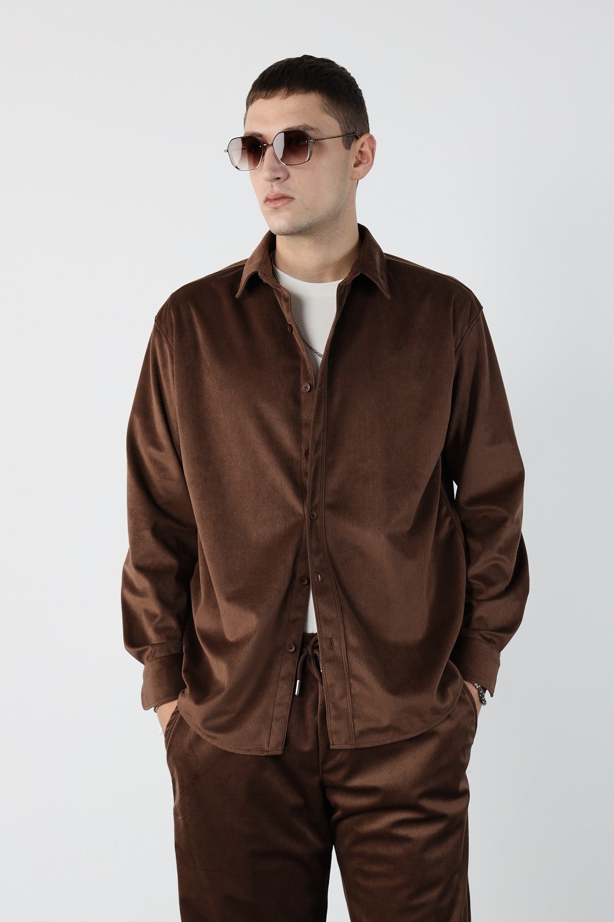 Thin Ribbed Oversize Velvet Shirt