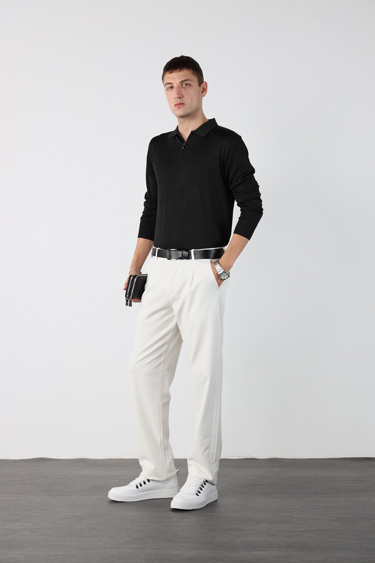 Single Pleated Elastic Waist Baggy Mens Fabric Trousers