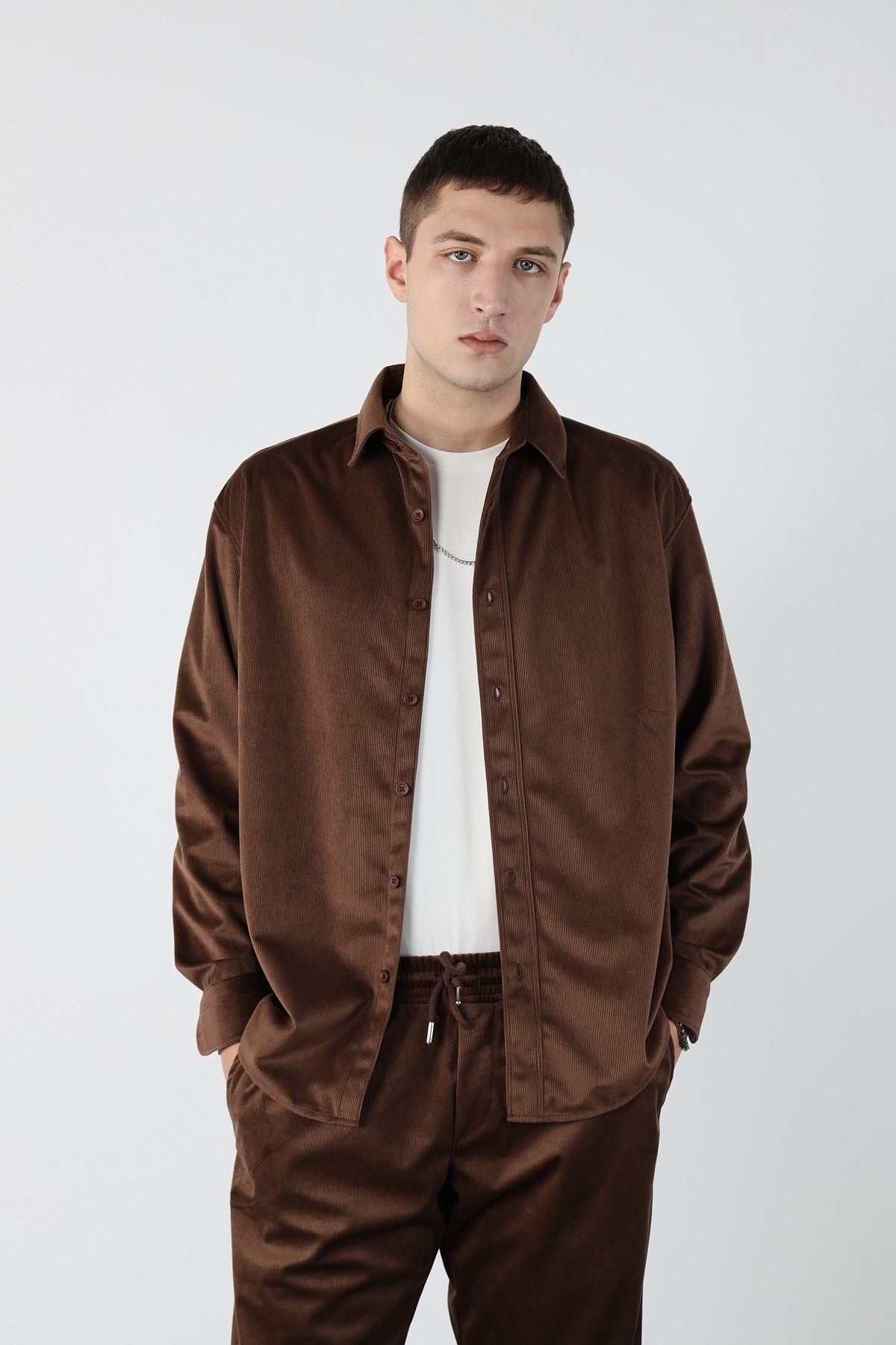 Thin Ribbed Oversize Velvet Shirt