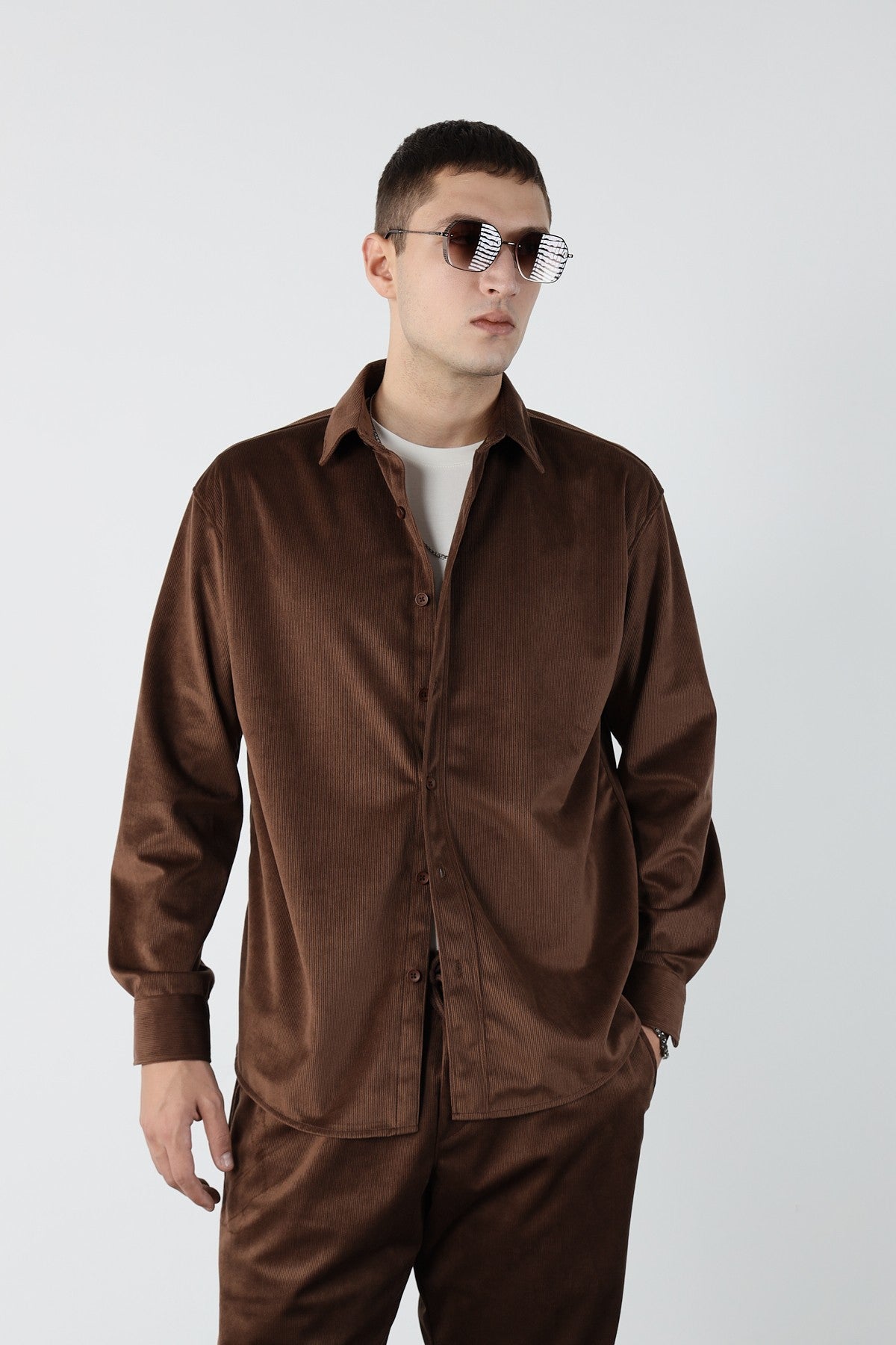 Thin Ribbed Oversize Velvet Shirt