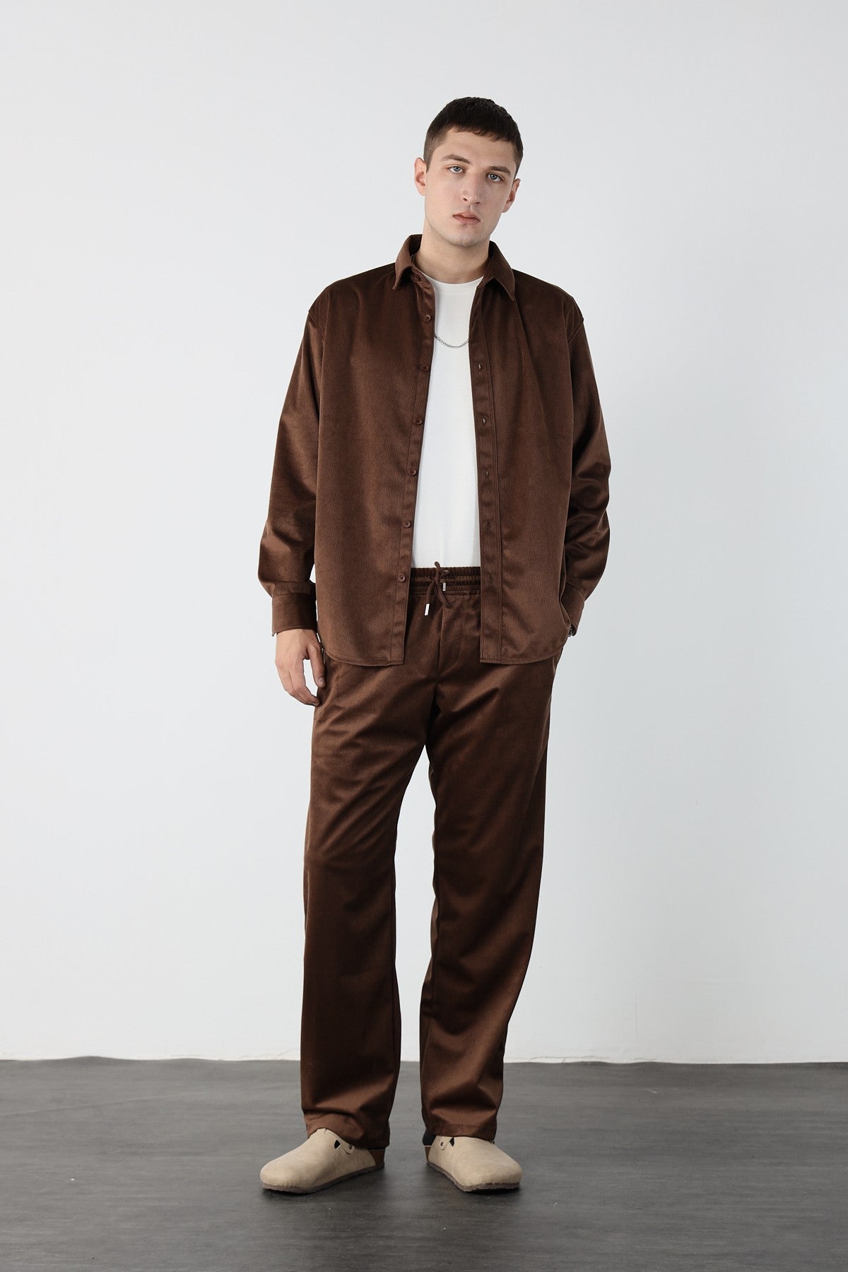 Thin Ribbed Oversize Velvet Shirt