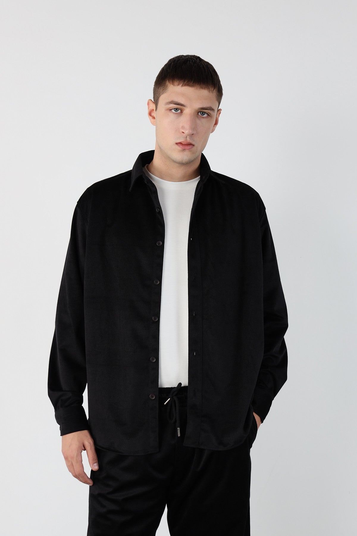 Thin Ribbed Oversize Velvet Shirt