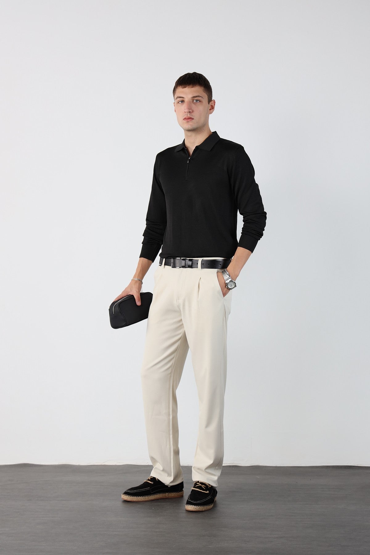 Single Pleated Elastic Waist Baggy Mens Fabric Trousers