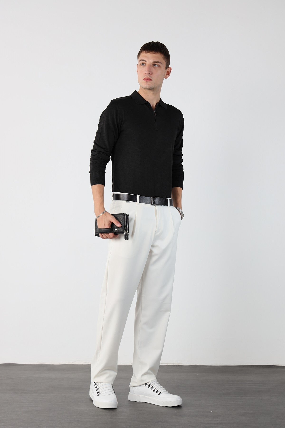 Single Pleated Elastic Waist Baggy Mens Fabric Trousers