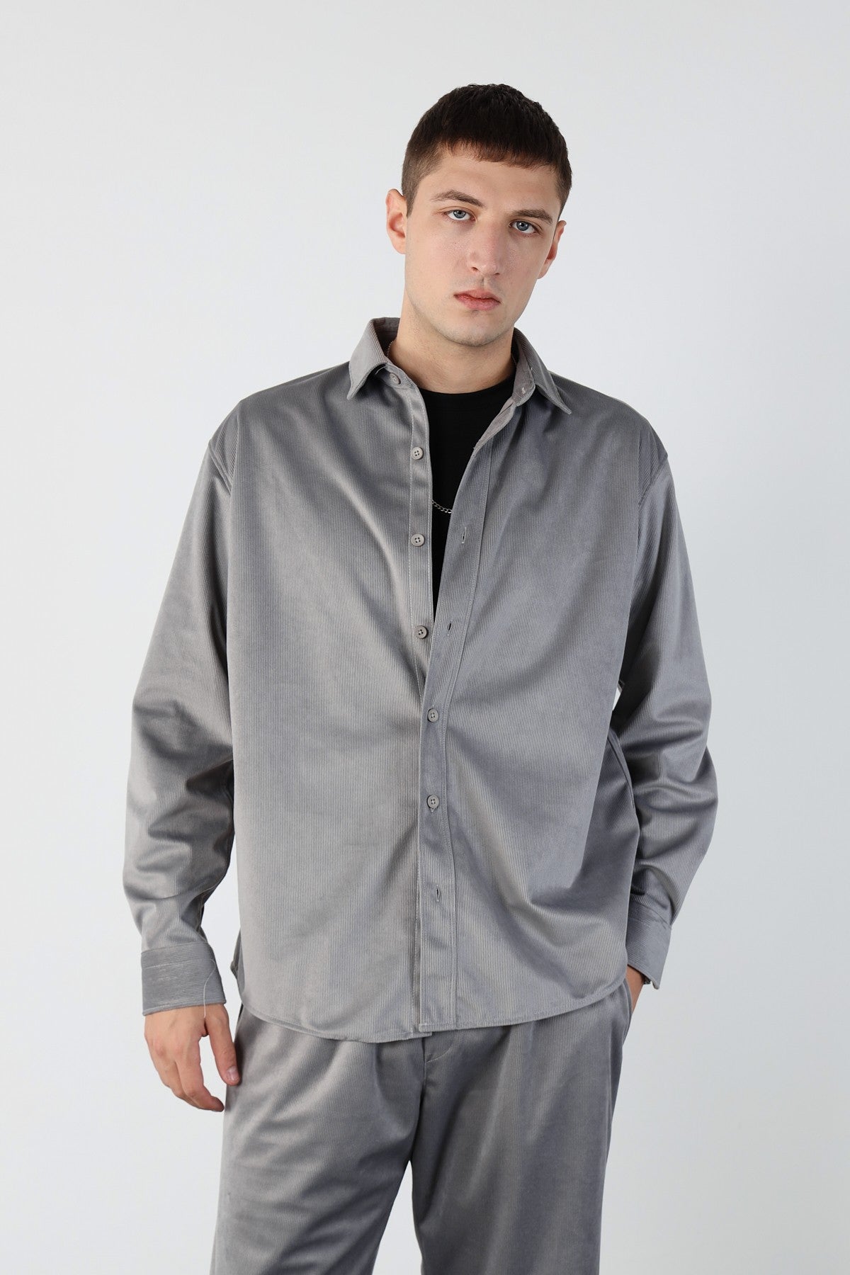 Thin Ribbed Oversize Velvet Shirt