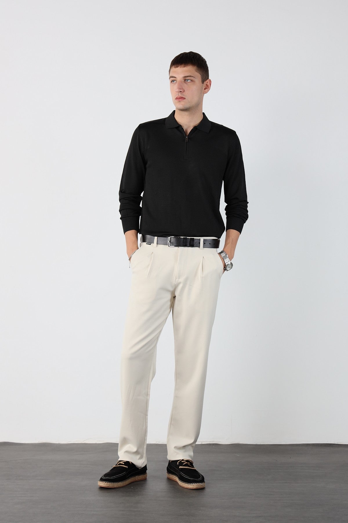 Single Pleated Elastic Waist Baggy Mens Fabric Trousers